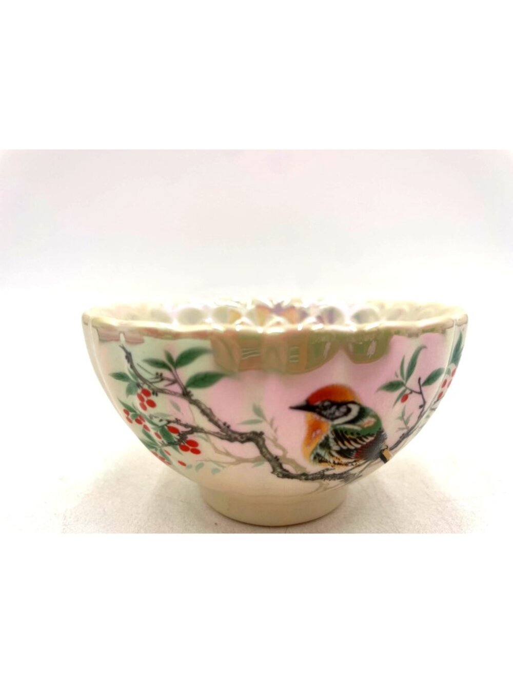 Hand-Painted Iridescent Porcelain Bowl Bird & Berry Design Decorative Gold Base